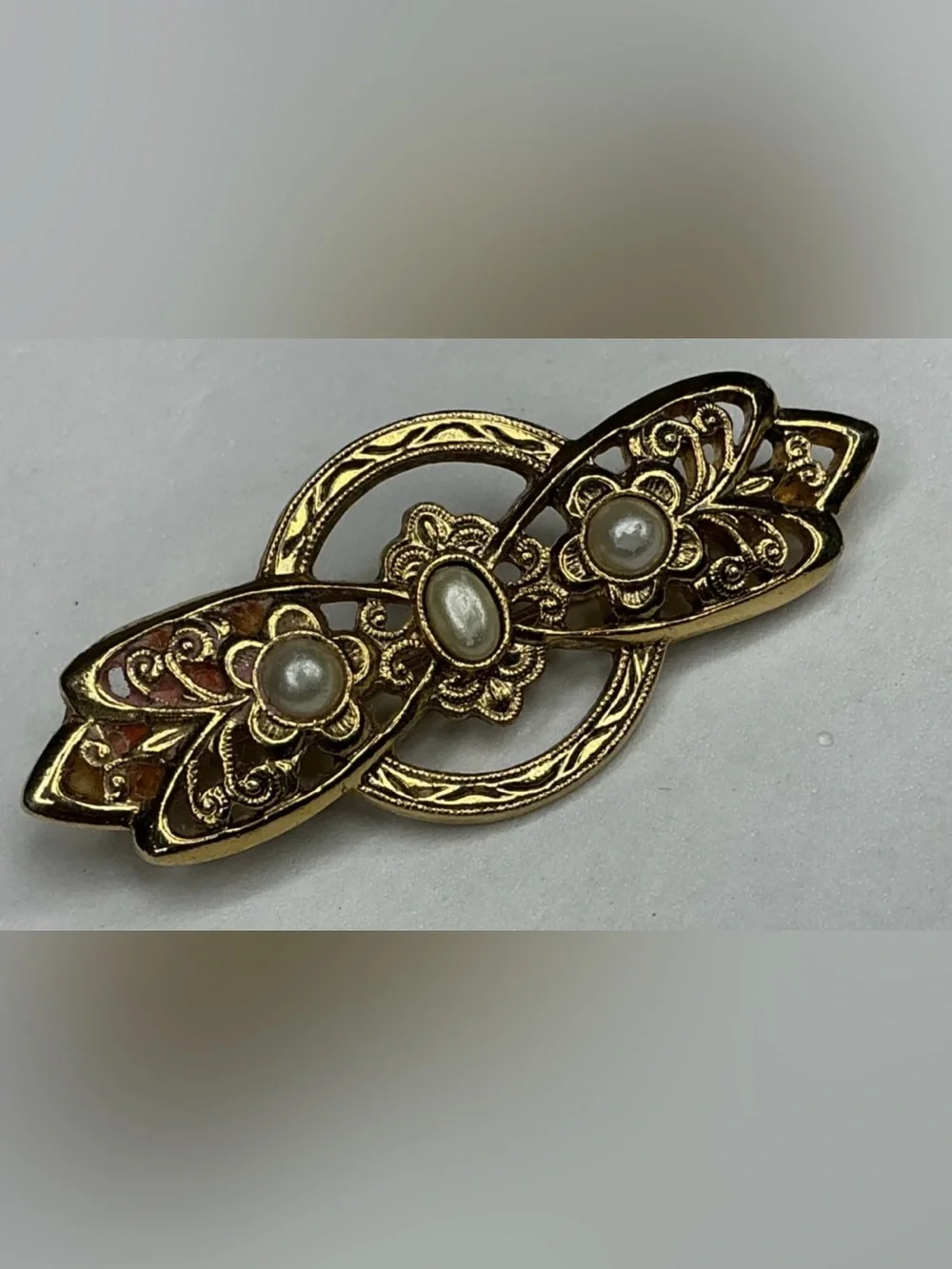 Gold-Tone Floral Pearl Accent Brooch